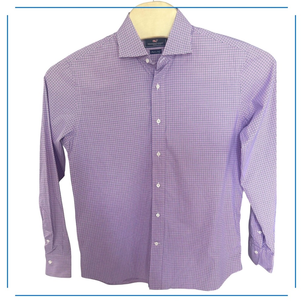 Vineyard Vines Mens Purple Blue Micro Check Cotton Button Down Shirt Made Italy